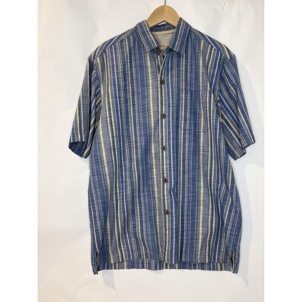 Tommy Bahama Silk Blend Shirt Mens Large Striped Blue Camp Short Sleeve